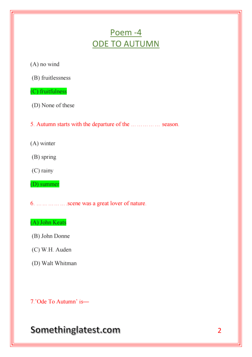 12th English Chapter 4 Objective Poem - Ode to Autumn | Bihar Board
